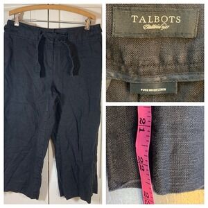 Talbots Irish Linen Pants Womens 14 Black Trousers Coastal Resort Cropped Preppy